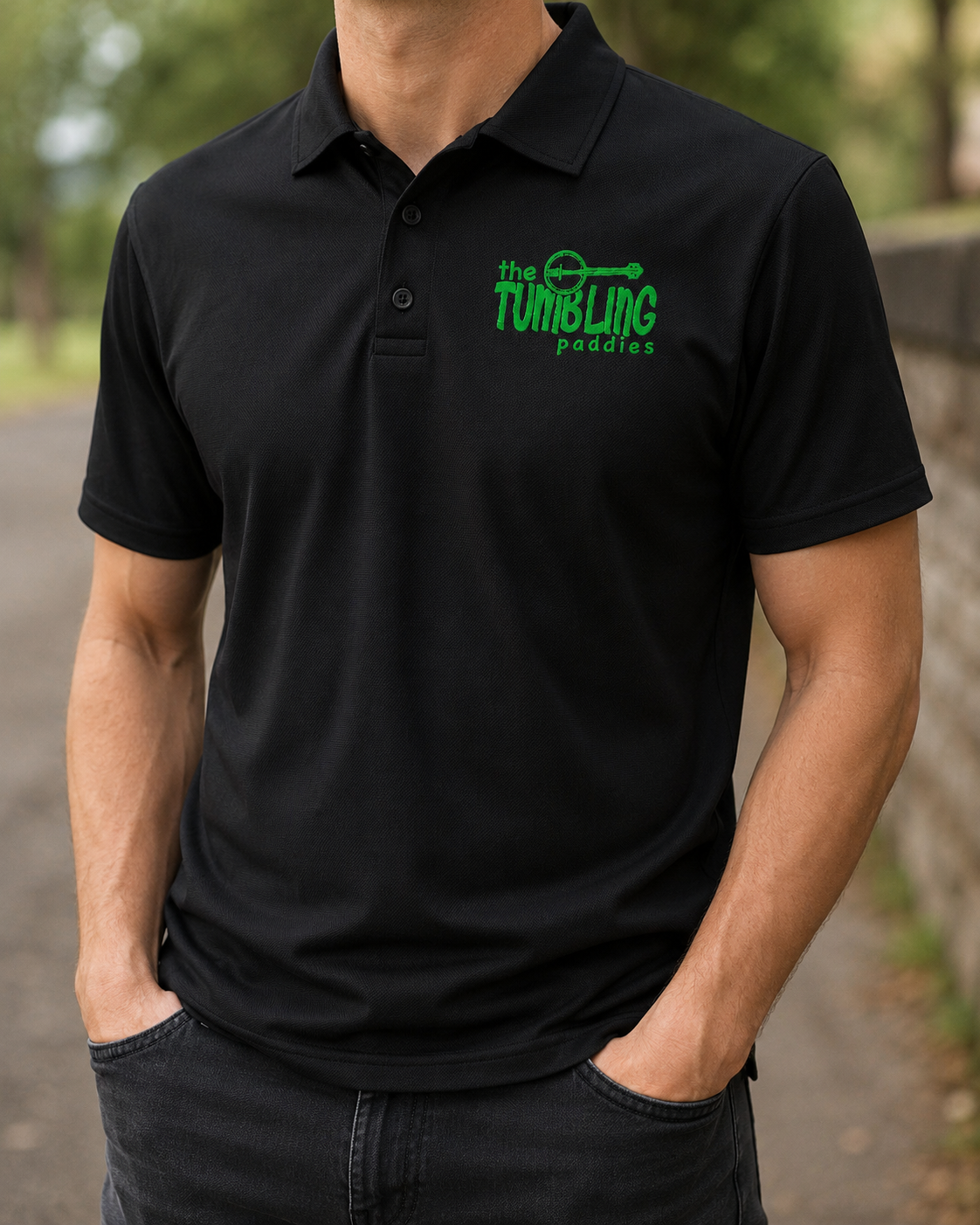Tumbling Paddies Black Polo Top